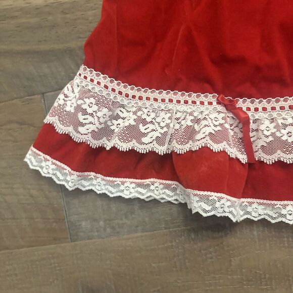 VTG 80s Velvet Bib Holiday Dress Sz 6X Red White Lace Rosette Puff Sleeve Santa - Picture 7 of 15